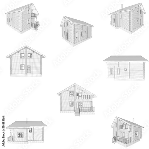  Wooden house, cottage black and white illustrated picture on a white isolated background. Eight views of the cottage from different sides