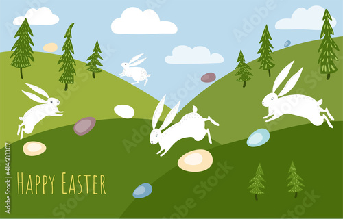 Vector spring landscape with fields and trees. White rabbits run through the meadows with eggs. Easter scene.