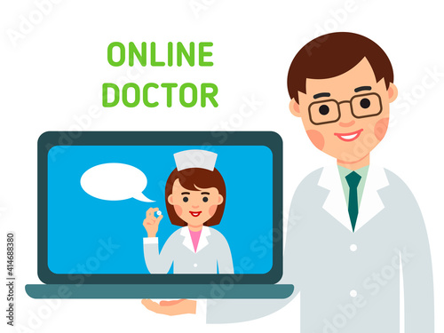 Doctor online. Consultant on screen notebook. Pill trading app. Medical assistance, help, support network. Isolated illustration in flat style on white background. Modern consultashion service