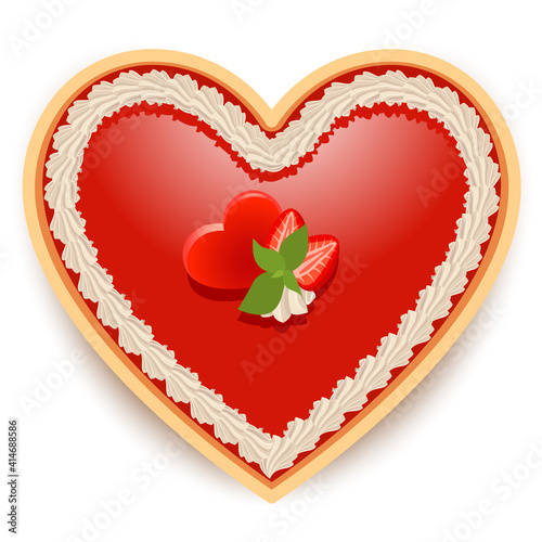 Cake in the shape of a heart, decorated with red Jell-o, strawberry and cream.