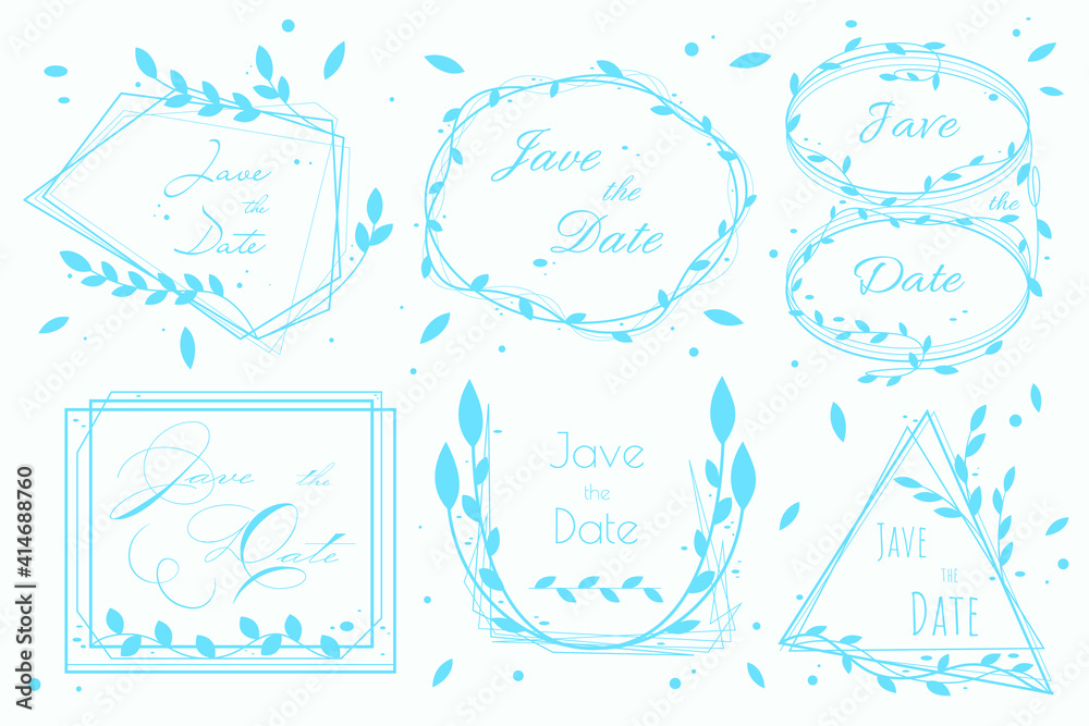 Set of wedding wreaths with place for the date, name with floral elements. Wedding invitation templates in minimal style. Vector illustration