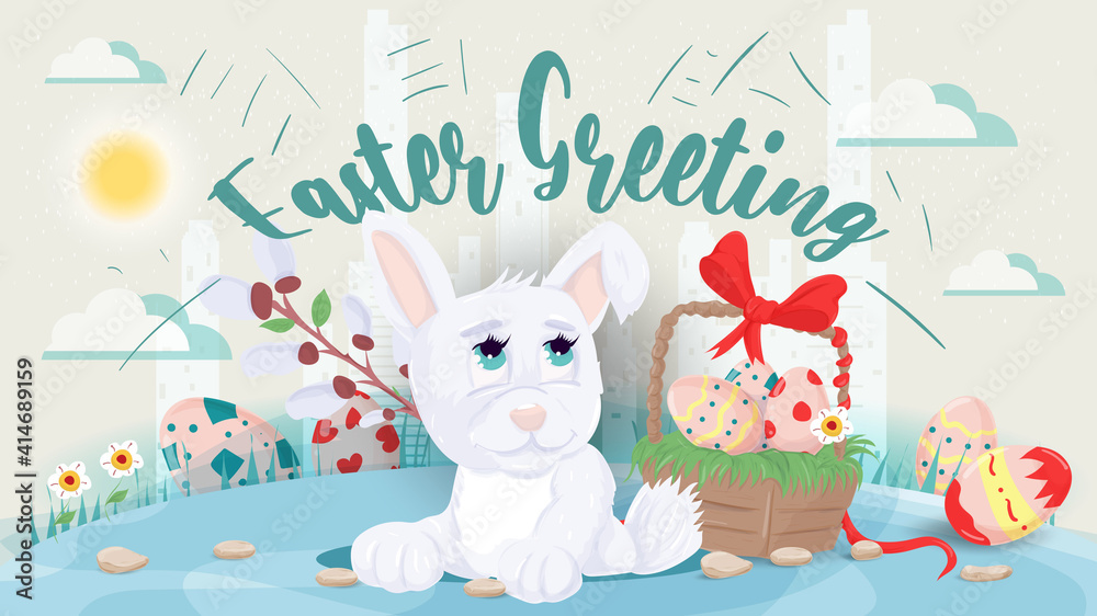 Fototapeta premium Easter greeting Large inscription peeking out of a hole next to a basket of eggs flat vector illustration banner for holiday design decoration