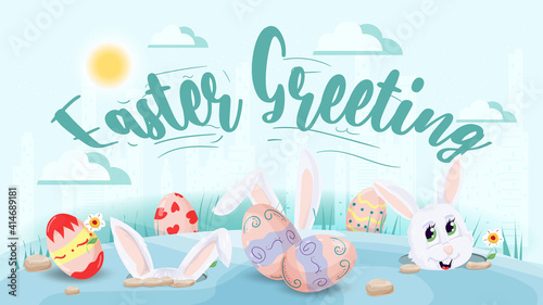 Easter greeting Large inscription rabbit ears sticking out of holes in a clearing among colored eggs flat vector illustration banner for holiday design decoration