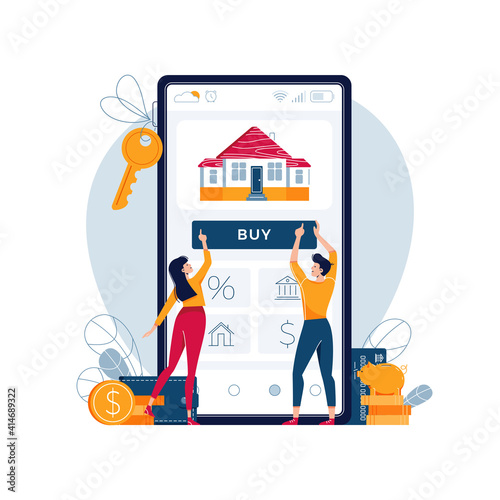 Buying a house online vector illustration. Couple touching the button on smartphone screen, buy a home paying online. Tiny people, piggy bank. Property online purchase concept. Modern flat design