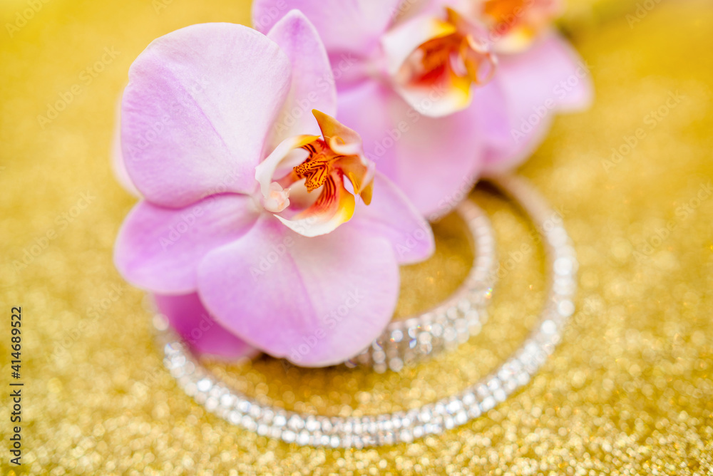 Bracelet and necklace on a gold shiny background
Bracelet and necklace on a gold shiny background