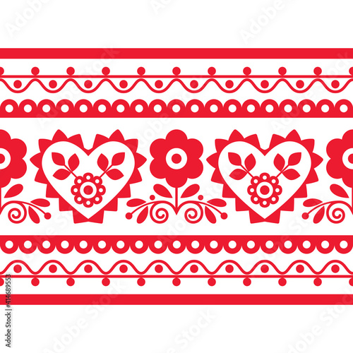 Folk art vector seamless embroidery long pattern with flowers inspired by traditional Polish designs Lachy Sadeckie - textile or fabric print ornament