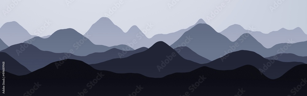 creative panorama of mountains ridges in the fog computer art background illustration