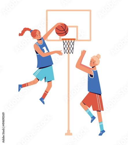 Girls play basketball. Flat design concept with women who go in for sports, play ball, hammer the ball into the basket. Vector illustration.