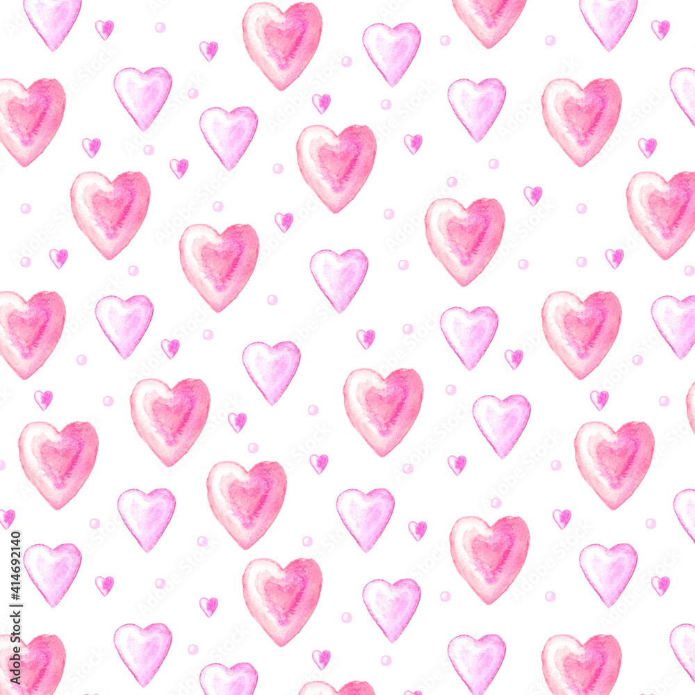 Seamless texture with funny watercolor hearts. Hand drawn illustration for fashion greeting card design