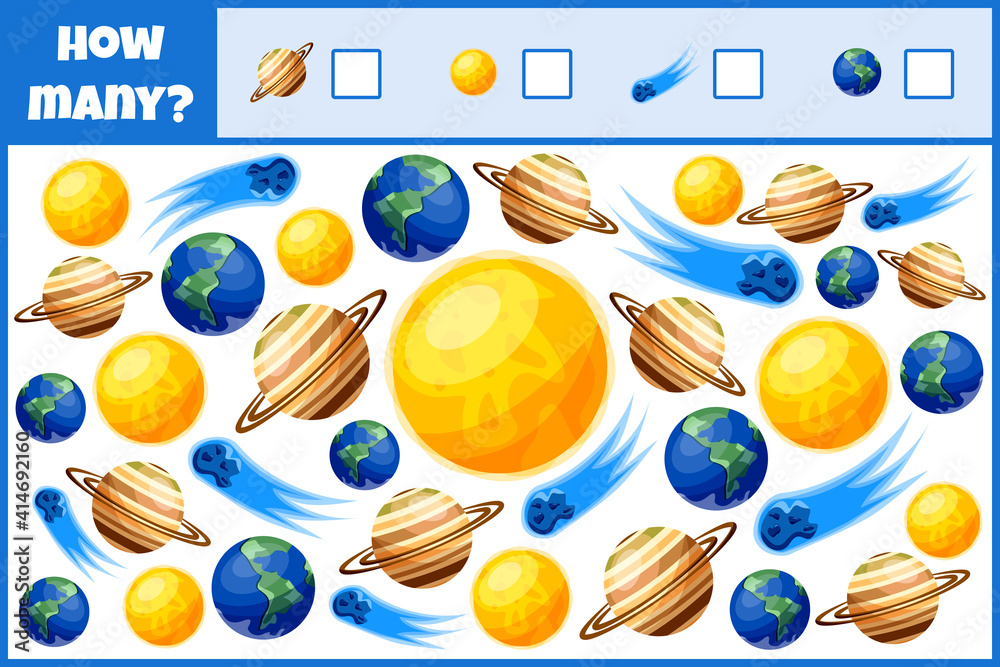 Educational mathematical game. Count the number of planets. Count how many planets. Counting game for children.