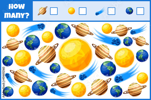 Educational mathematical game. Count the number of planets. Count how many planets. Counting game for children.