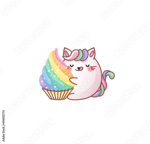 Cat Kitty kitten hug cupcake dessert delicious kawaii chibi Japanese style Emoji character sticker emoticon smile mascot