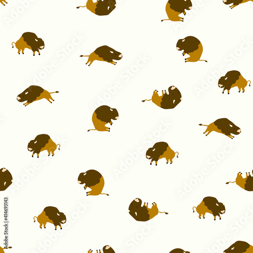 Funny vector seamless pattern with cute buffaloes or bulls. Cute zoo print  on  white  background. Simple and stylish Scandinavian repeat texture.
