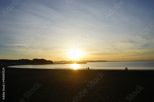 Enoshima beach at dawn in Kanagawa prefecture  Japan -                              