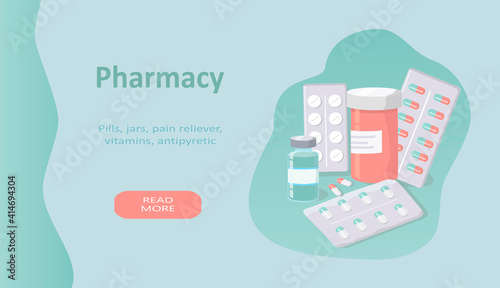 vector hand drawn illustration - tablets, pills, medicine jars, blisters with tablets. picture on the theme of pharmacology and medicine. flat illustration banner for websites, magazines and apps