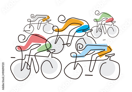 Cycling race, line art stylized.
Stylized Illustration with continuous line drawing design with five bike riders.Vector available.