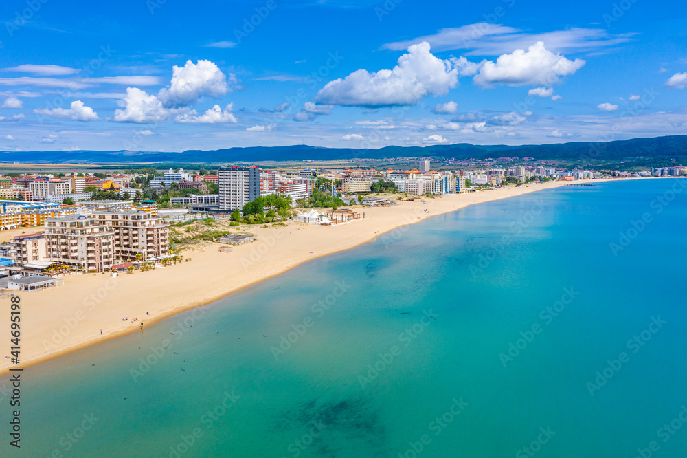 Aerial view of Sunny beach - a popular holiday resort in Bulgaria - obrazy, fototapety, plakaty 