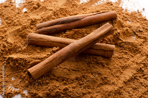 Closeup of dried raw cinnamon sticks on the powder as a background