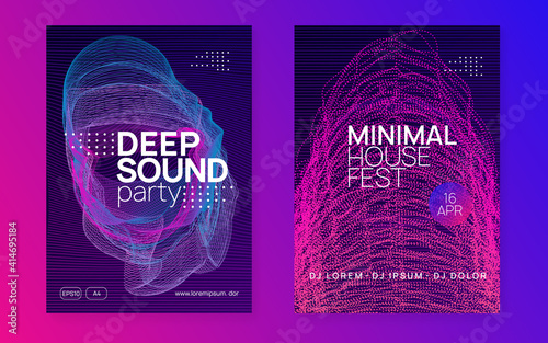 Neon music poster. Electro dance dj. Electronic sound fest. Club event flyer. Techno trance party.