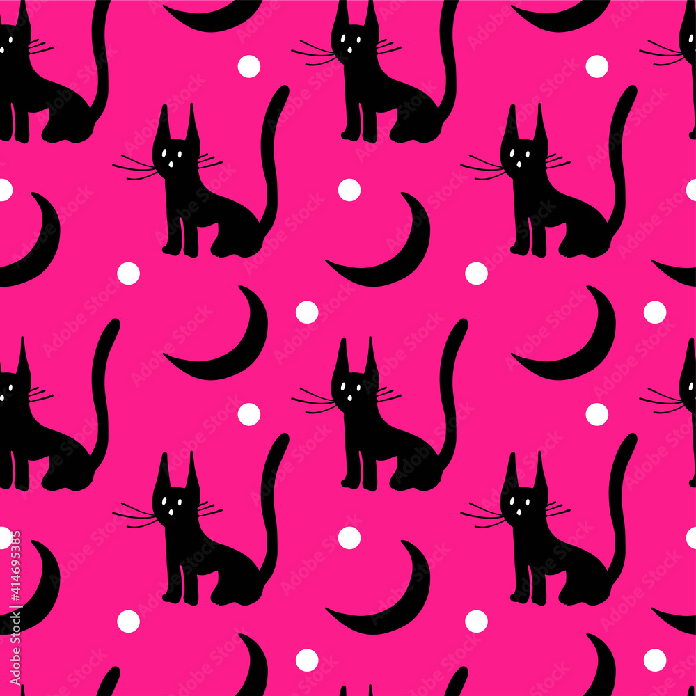 Black cat with crescent moon pattern on pink background. Cat seamless pattern. Crescent moon on Pattern. Happy Halloween seamless pattern. vector