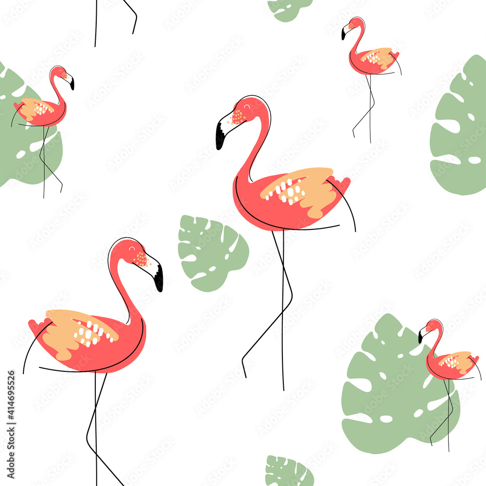Fototapeta premium Vector hand-drawn colored seamless repeating simple flat pattern with flamingo and monsters leaves on a white background. Texture for fabric, wallpaper, textile, background, apparel. Exotic birds