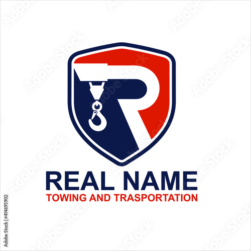illustration of towing icon and letter R, logo for towing service with the initial name of the company is letter R.
