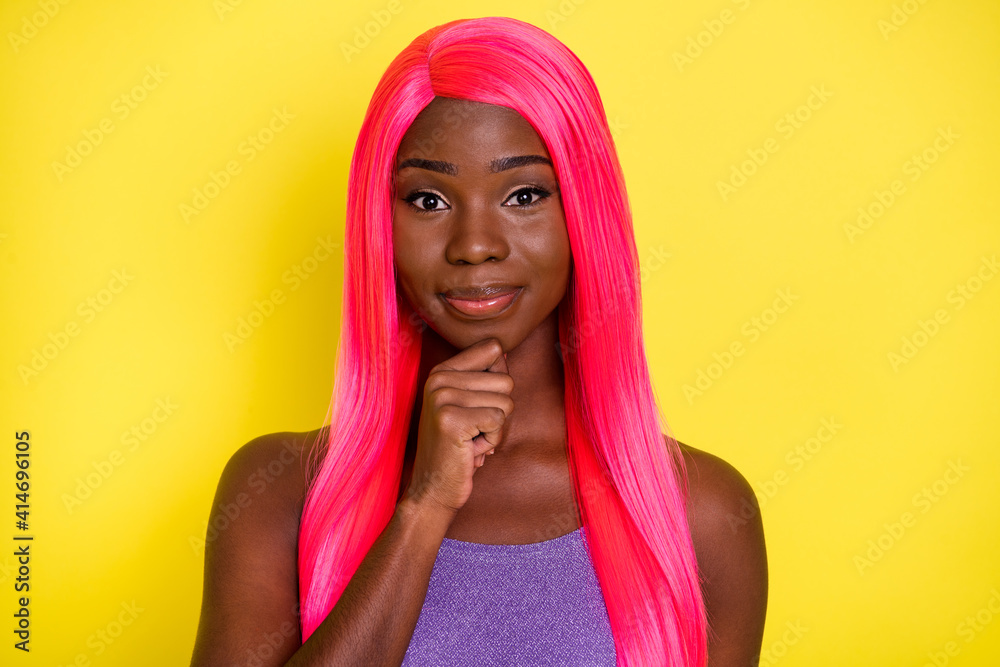 Portrait of optimistic nice pink hairdo lady hand chin wear purple top isolated on vivid yellow color background Portrait of optimistic nice pink hairdo lady hand chin wear purple top isolated on vivid yellow color background