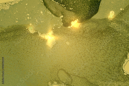 Olive green marble pattern with golden dust. Abstract vector background in alcohol ink technique. Modern paint with glitter. Template for banner, poster design. Fluid art painting