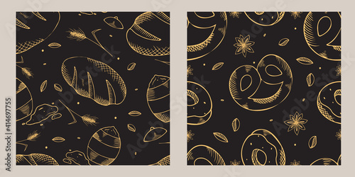 A set of seamless patterns with bakery products. Vector illustration.