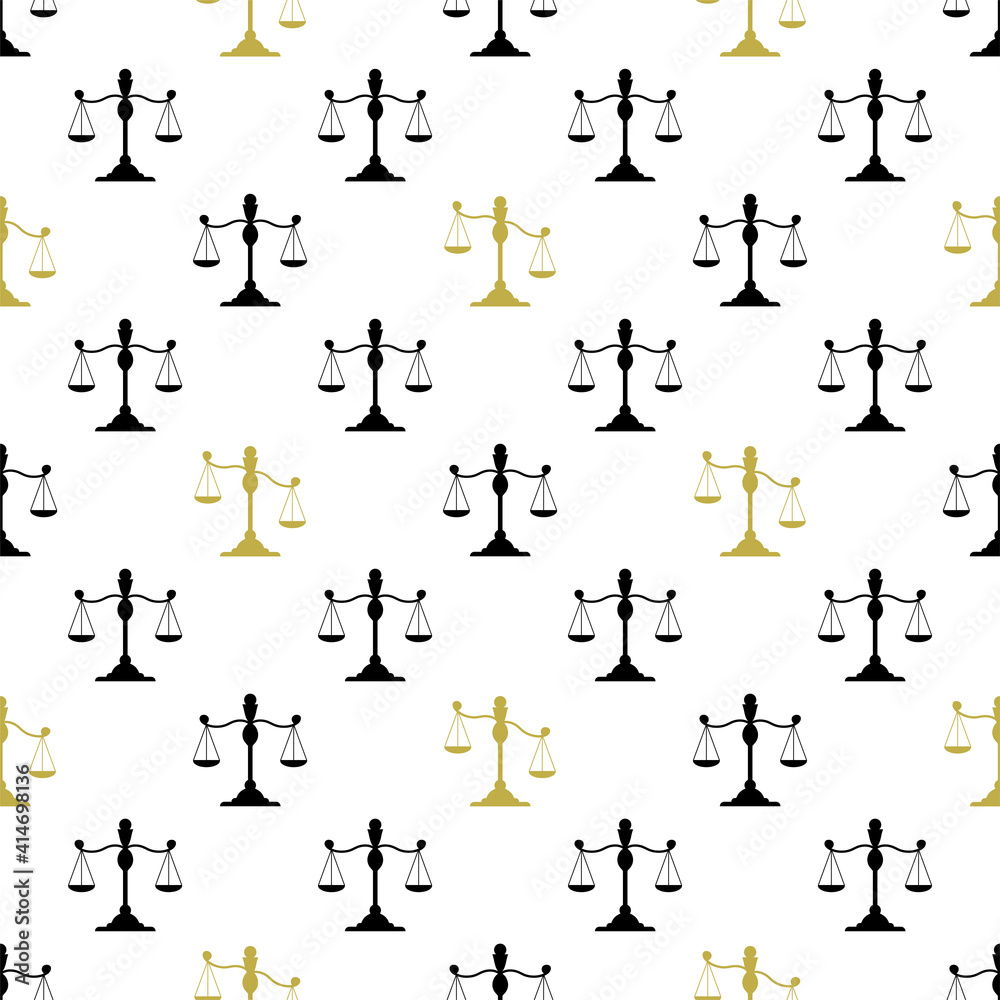 Seamless pattern with scales. Scales black and gold silhouette. Balance and finance and justice symbol. Weighing objects, measuring weight.