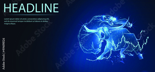 Bull and Bear symbols on stock market with stock schedule. Market fight. Digital low poly wireframe of futuristic vector. Finance and business concept. 