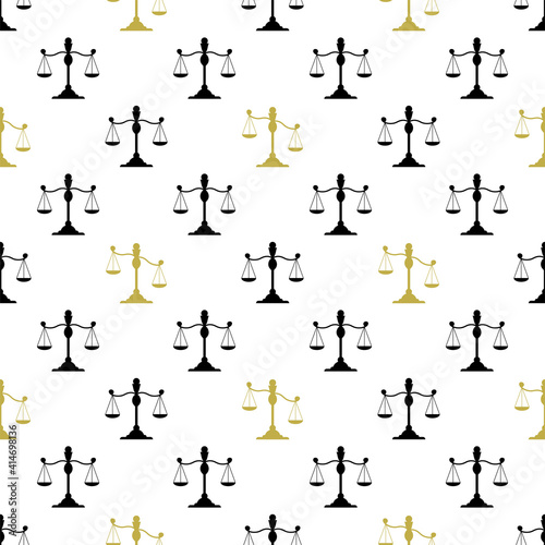 Seamless pattern with scales. Scales black and gold silhouette. Balance and finance and justice symbol. Weighing objects, measuring weight.