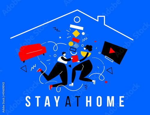 Vector business illustration of communication people and abstract shapes, stay at home