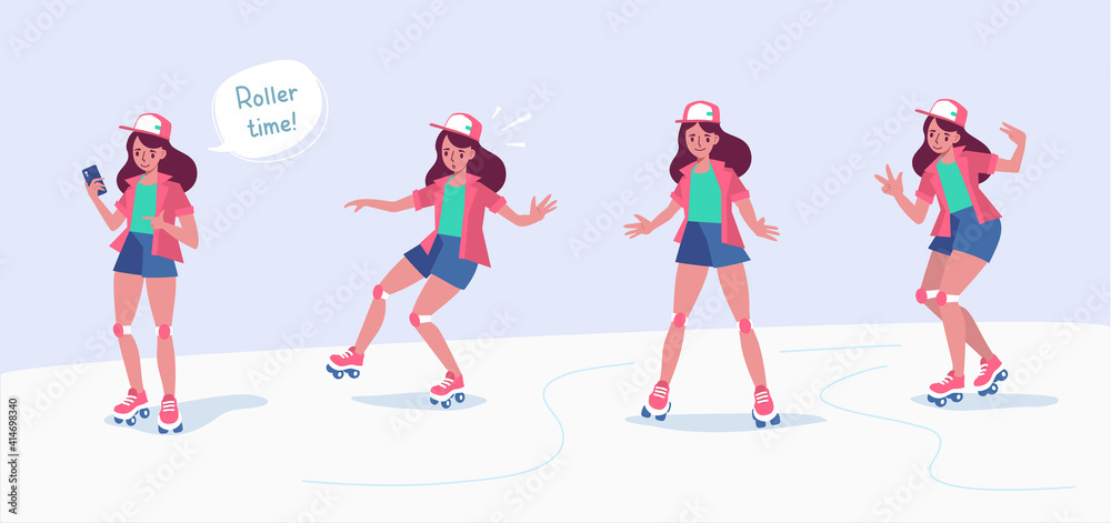 Vector illustration of woman on roller skates in different poses