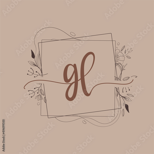 Letter GL Initial Logo with Hand Draw Floral, Initial Wedding Font Logo And Business or Company Identity.