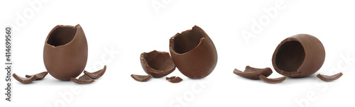 Set with broken chocolate eggs on white background, banner design