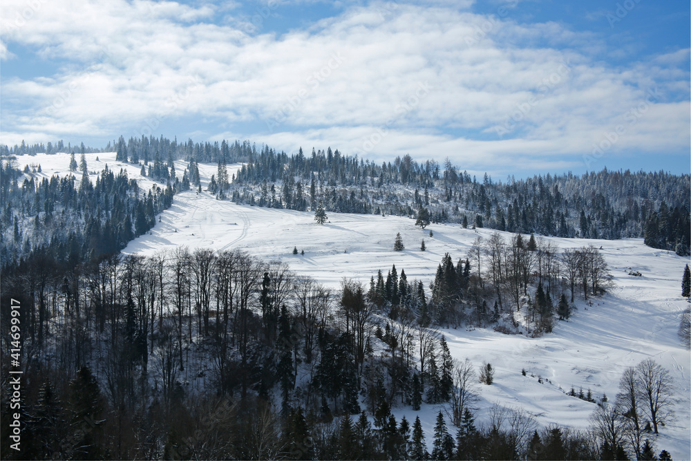 beautiful winter mountains landscape in Pieniny Mountains, Szczawnica, Poland
