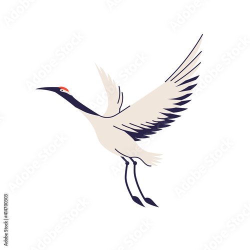 Crane bird isolated vector illustration. Stork, egret, heron design element. Asian creature, Japane wildlife in cartoon style.