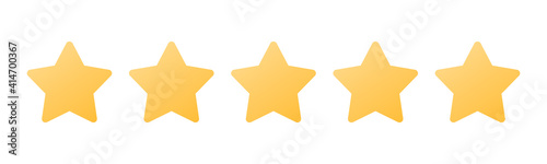 Rating sticker icon with five gold stars on a white background. Flat design. White background. Isolated vector icon. Vector gold background. Vector graphics.