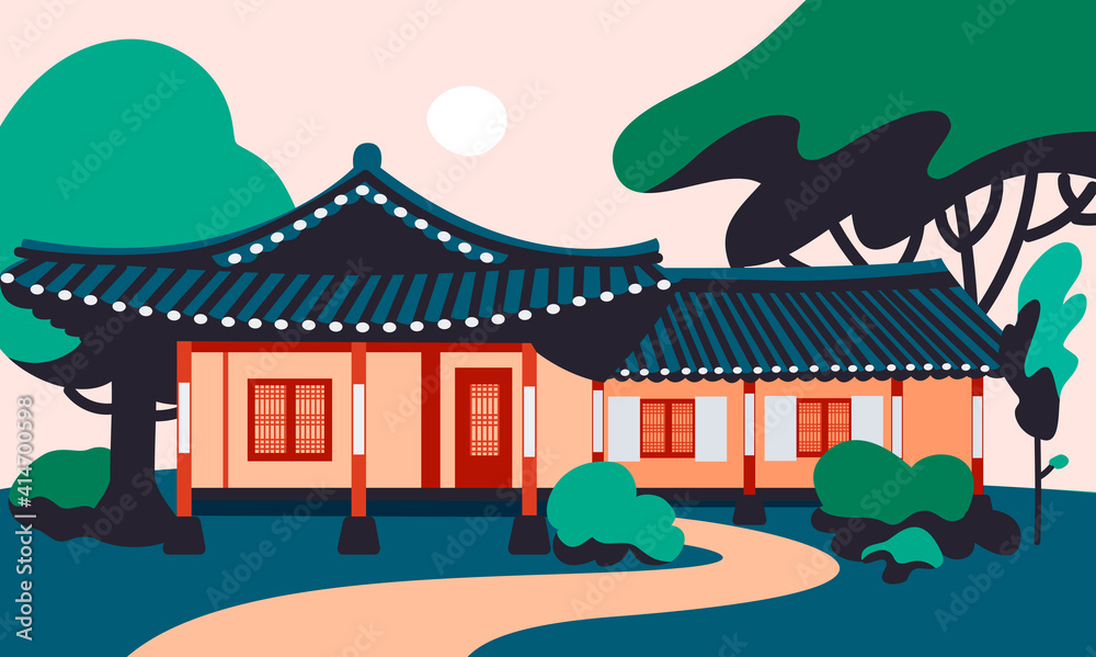 Hanok house flat cartoon illustration. Korean traditional building  banner design. Asian architecture, folk town, historical6 tourist place printing card