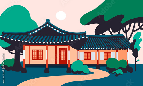 Hanok house flat cartoon illustration. Korean traditional building  banner design. Asian architecture, folk town, historical6 tourist place printing card