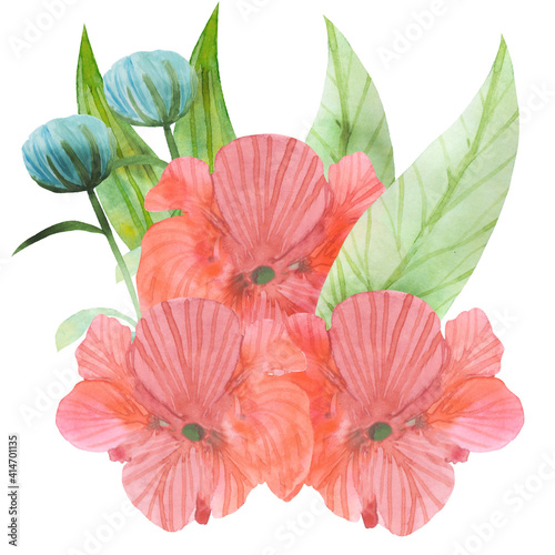 watercolor floral composition of blue and red flowers, green leaves. Isolated on a white background. Stock illustration