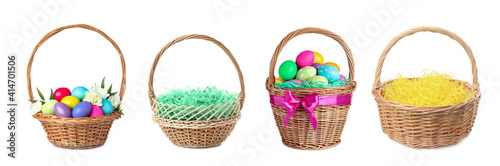 Fotografi Set with wicker baskets on white background, banner design