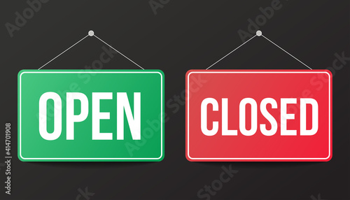 Door signs with the inscription . Sorry, we are closed and welcome, we are open.