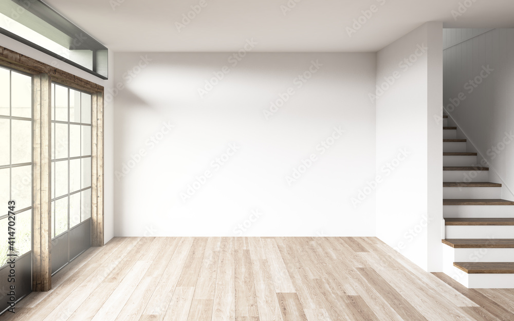 Wall in a room with stairs and windows. 3D Rendering