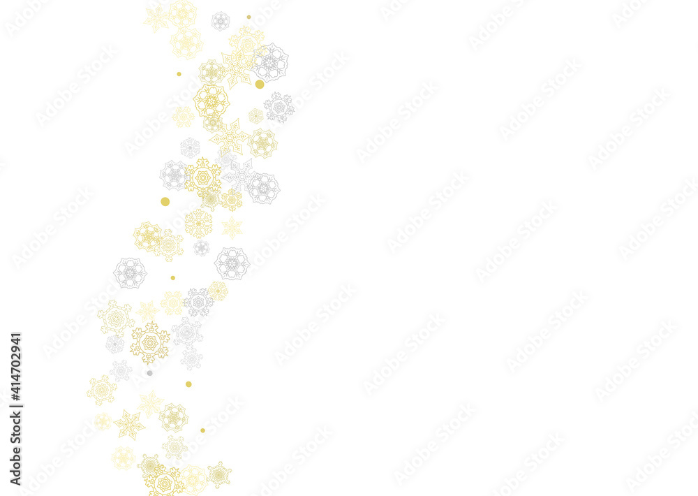 Gold snowflakes frame on white background. New year theme. Horizontal shiny Christmas frame for holiday banner, card, sale, special offer. Falling snow with gold snowflake and glitter for party invite