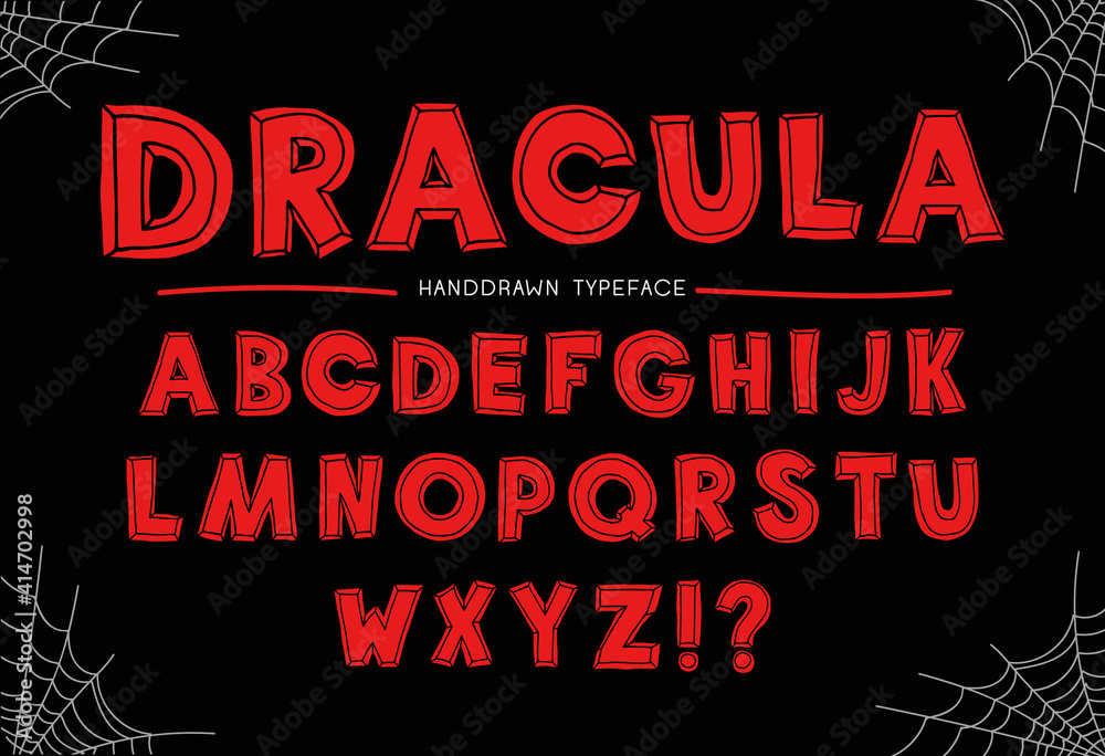 Scary halloween lettering. Chopped red vector type isolated on the dark background. Hand Drawn Vector Typeface. Dracula Alphabet. Decorative Type. Font Vector illustration.