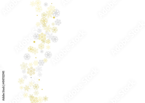 Gold snowflakes frame on white background. New year theme. Horizontal shiny Christmas frame for holiday banner  card  sale  special offer. Falling snow with gold snowflake and glitter for party invite