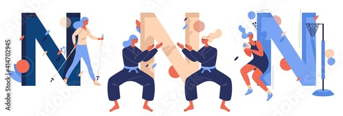 Vector sport letters N collection. Women training nordic walking, netball, ninjutsu fighting sparring. Concept illustrations about healthy lifestyle good for schools or clubs