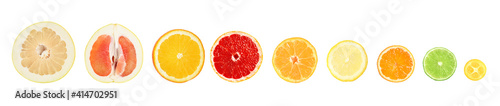Set of different delicious citrus fruits on white background, banner design